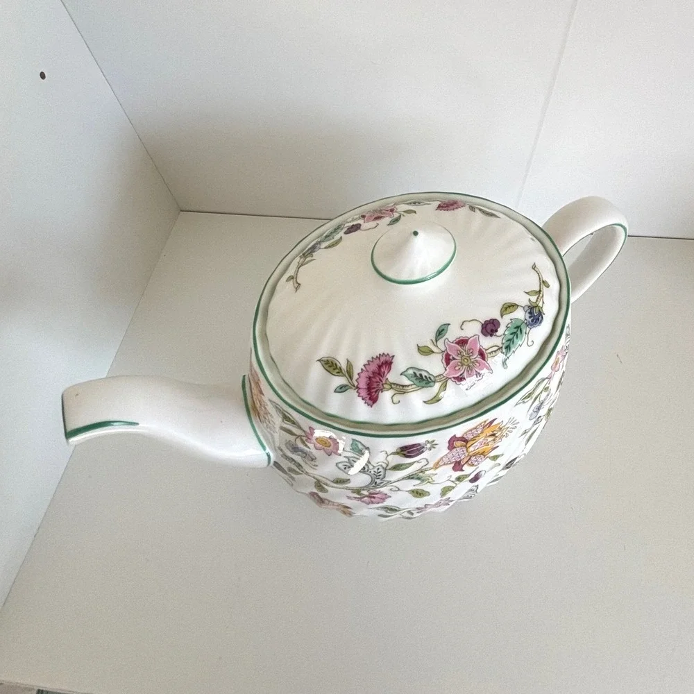 Minton Haddon Hall B-1451 Bone China Teapot 1 1/2 Pints Floral Green Trim